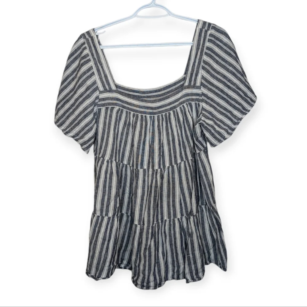 Terra & Sky Black and White Striped Square Neck Peasant Blouse